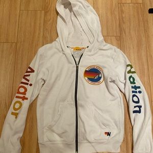 White Aviator Nation zip up sweater, size 14 in kids.